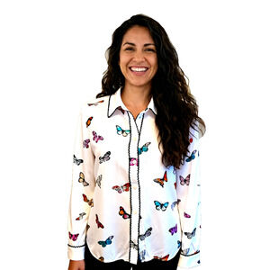 Jane & Delancey White Button-Up Shirt w/ Colorful Butterflies Size Medium